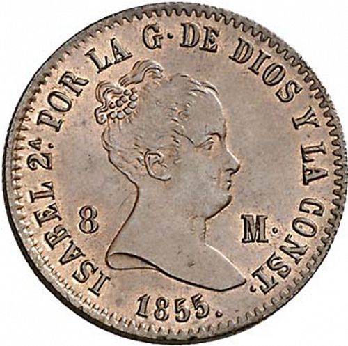 8 Maravedies Obverse Image minted in SPAIN in 1855 (1833-48  -  ISABEL II)  - The Coin Database