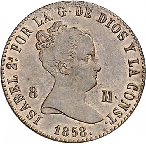8 Maravedies Obverse Image minted in SPAIN in 1858 (1833-48  -  ISABEL II)  - The Coin Database