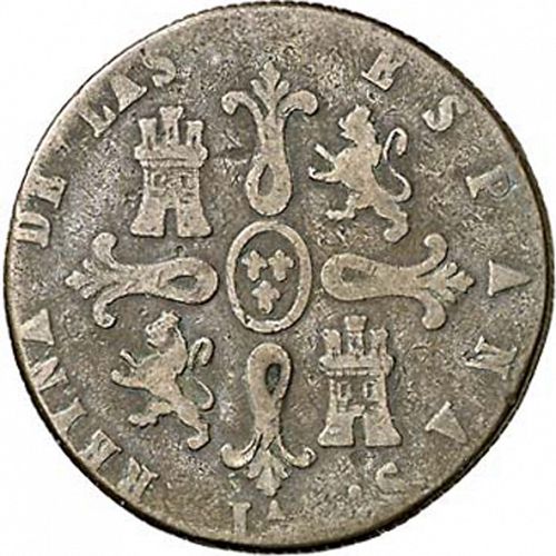 8 Maravedies Reverse Image minted in SPAIN in 1838 (1833-48  -  ISABEL II)  - The Coin Database