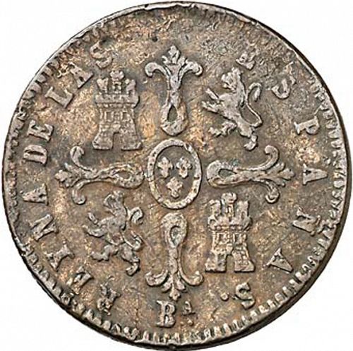 8 Maravedies Reverse Image minted in SPAIN in 1854 (1833-48  -  ISABEL II)  - The Coin Database