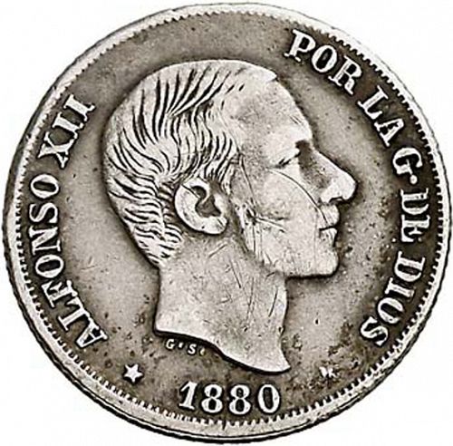 10 Centavos Peso Obverse Image minted in SPAIN in 1880 (1874-85  -  ALFONSO XII - Philippines)  - The Coin Database