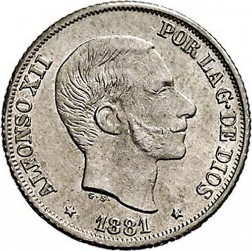 10 Centavos Peso Obverse Image minted in SPAIN in 1881 (1874-85  -  ALFONSO XII - Philippines)  - The Coin Database