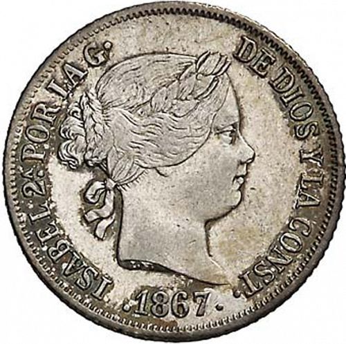 10 Céntimos Peso Obverse Image minted in SPAIN in 1867 (1833-68  -  ISABEL II - Philippines)  - The Coin Database