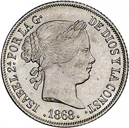 10 Céntimos Peso Obverse Image minted in SPAIN in 1868 (1833-68  -  ISABEL II - Philippines)  - The Coin Database