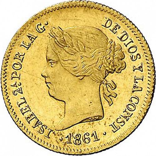 1 Peso Obverse Image minted in SPAIN in 1861 (1833-68  -  ISABEL II - Philippines)  - The Coin Database