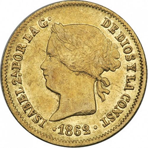 1 Peso Obverse Image minted in SPAIN in 1862 (1833-68  -  ISABEL II - Philippines)  - The Coin Database