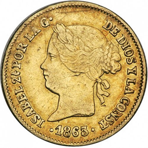 1 Peso Obverse Image minted in SPAIN in 1863 (1833-68  -  ISABEL II - Philippines)  - The Coin Database