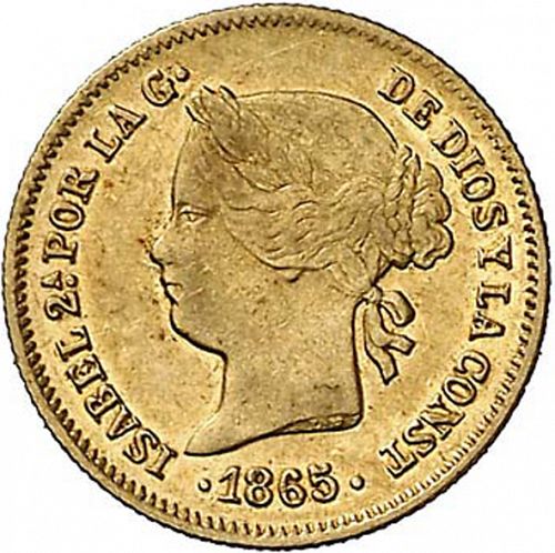1 Peso Obverse Image minted in SPAIN in 1865 (1833-68  -  ISABEL II - Philippines)  - The Coin Database