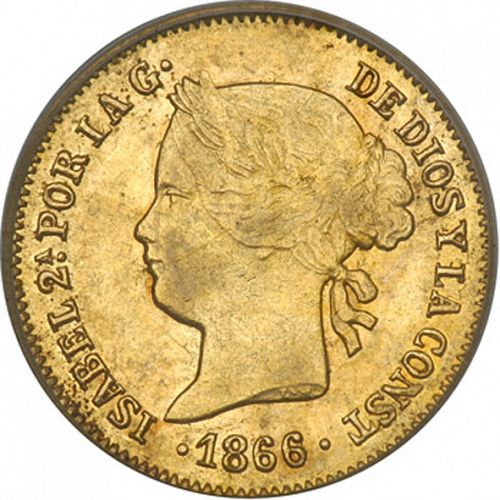 1 Peso Obverse Image minted in SPAIN in 1866 (1833-68  -  ISABEL II - Philippines)  - The Coin Database