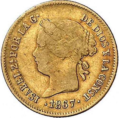 1 Peso Obverse Image minted in SPAIN in 1867 (1833-68  -  ISABEL II - Philippines)  - The Coin Database