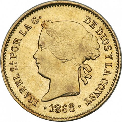 1 Peso Obverse Image minted in SPAIN in 1868 (1833-68  -  ISABEL II - Philippines)  - The Coin Database