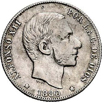 20 Centavos Peso Obverse Image minted in SPAIN in 1880 (1874-85  -  ALFONSO XII - Philippines)  - The Coin Database