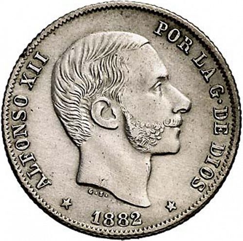20 Centavos Peso Obverse Image minted in SPAIN in 1882 (1874-85  -  ALFONSO XII - Philippines)  - The Coin Database