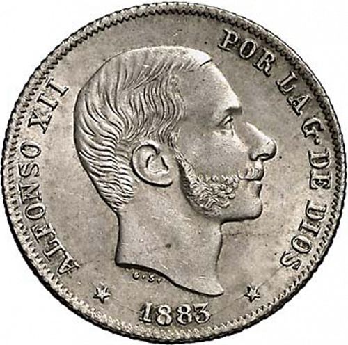 20 Centavos Peso Obverse Image minted in SPAIN in 1883 (1874-85  -  ALFONSO XII - Philippines)  - The Coin Database