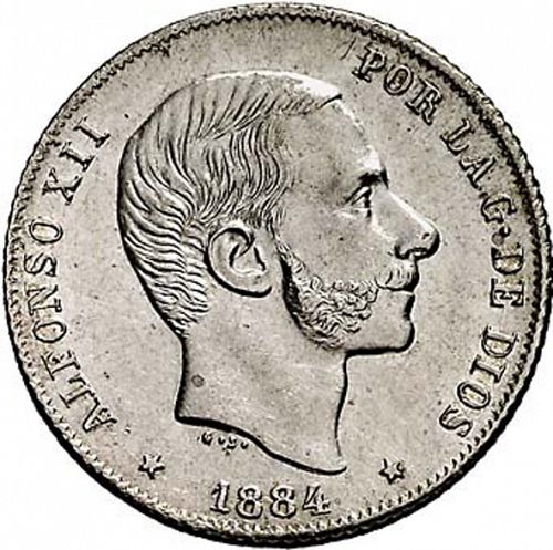 20 Centavos Peso Obverse Image minted in SPAIN in 1884 (1874-85  -  ALFONSO XII - Philippines)  - The Coin Database