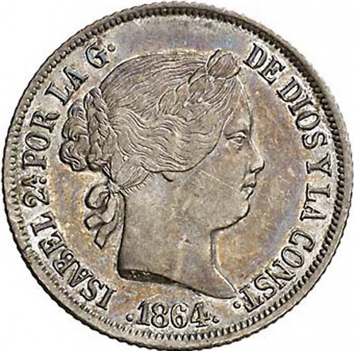 20 Céntimos Peso Obverse Image minted in SPAIN in 1864 (1833-68  -  ISABEL II - Philippines)  - The Coin Database