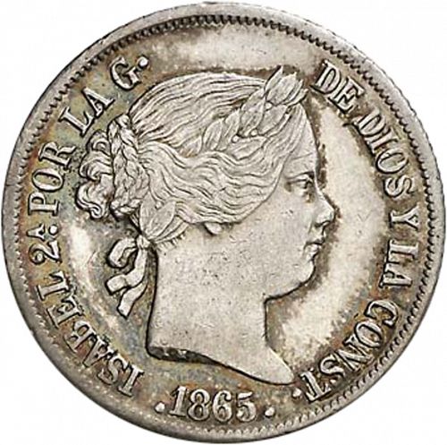20 Céntimos Peso Obverse Image minted in SPAIN in 1865 (1833-68  -  ISABEL II - Philippines)  - The Coin Database