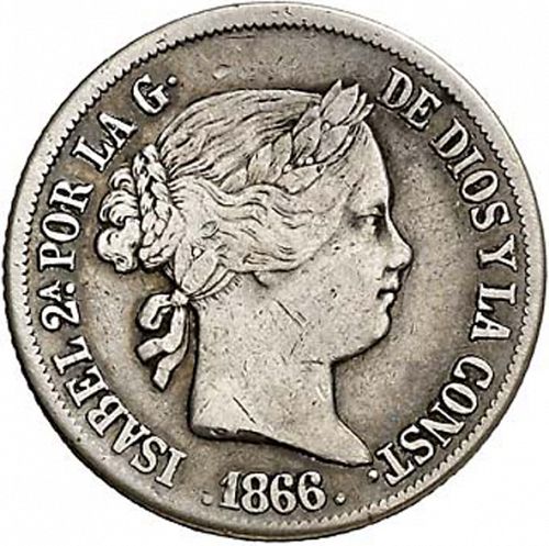 20 Céntimos Peso Obverse Image minted in SPAIN in 1866 (1833-68  -  ISABEL II - Philippines)  - The Coin Database