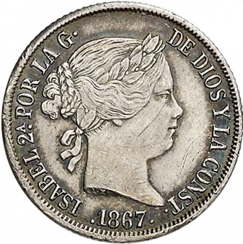 20 Céntimos Peso Obverse Image minted in SPAIN in 1867 (1833-68  -  ISABEL II - Philippines)  - The Coin Database