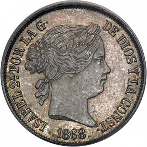 20 Céntimos Peso Obverse Image minted in SPAIN in 1868 (1833-68  -  ISABEL II - Philippines)  - The Coin Database