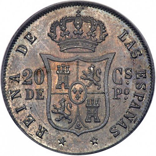 20 Céntimos Peso Reverse Image minted in SPAIN in 1868 (1833-68  -  ISABEL II - Philippines)  - The Coin Database