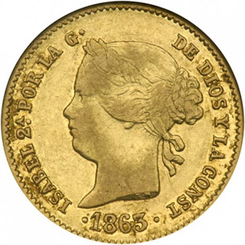 4 Pesos Obverse Image minted in SPAIN in 1863 (1833-68  -  ISABEL II - Philippines)  - The Coin Database