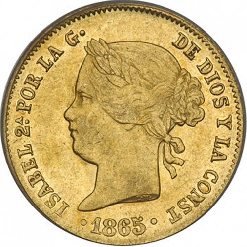 4 Pesos Obverse Image minted in SPAIN in 1865 (1833-68  -  ISABEL II - Philippines)  - The Coin Database