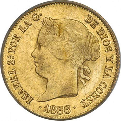 4 Pesos Obverse Image minted in SPAIN in 1866 (1833-68  -  ISABEL II - Philippines)  - The Coin Database