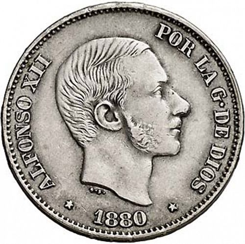 50 Centavos Peso Obverse Image minted in SPAIN in 1880 (1874-85  -  ALFONSO XII - Philippines)  - The Coin Database