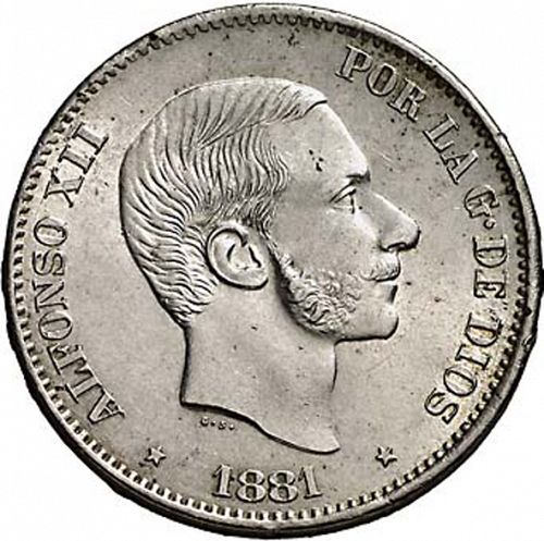 50 Centavos Peso Obverse Image minted in SPAIN in 1881 (1874-85  -  ALFONSO XII - Philippines)  - The Coin Database