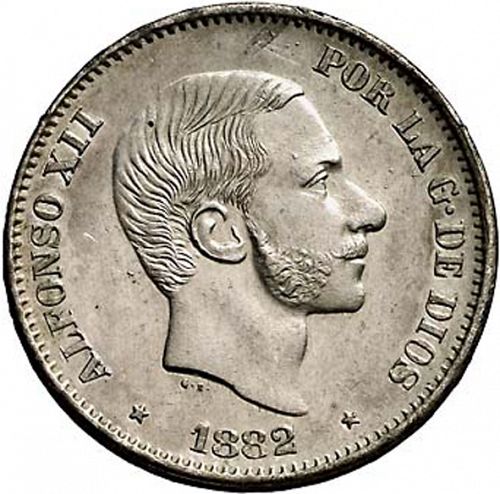 50 Centavos Peso Obverse Image minted in SPAIN in 1882 (1874-85  -  ALFONSO XII - Philippines)  - The Coin Database