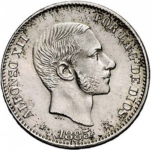 50 Centavos Peso Obverse Image minted in SPAIN in 1885 (1874-85  -  ALFONSO XII - Philippines)  - The Coin Database