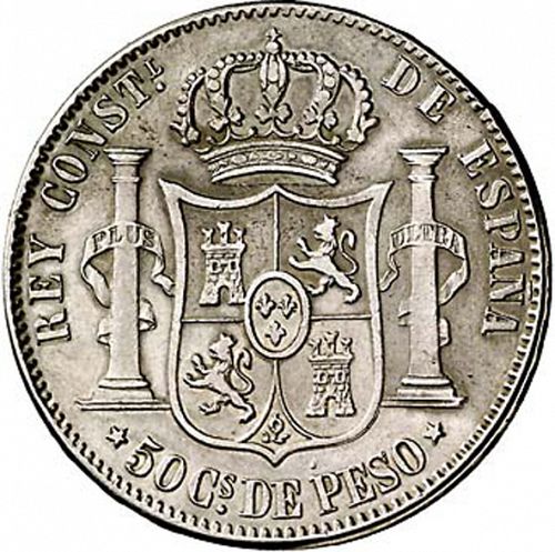 50 Centavos Peso Reverse Image minted in SPAIN in 1884 (1874-85  -  ALFONSO XII - Philippines)  - The Coin Database