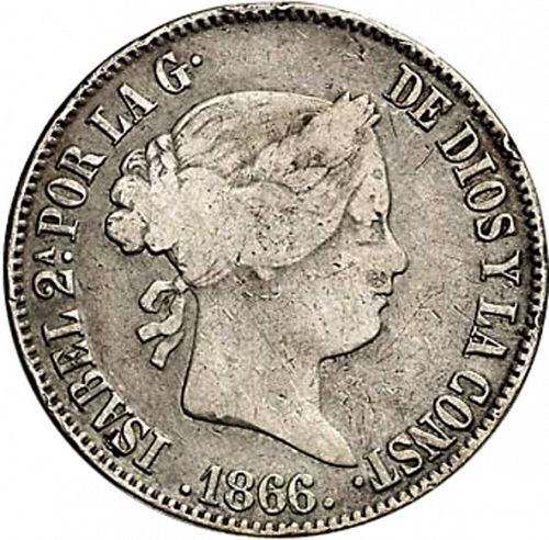 50 Céntimos Peso Obverse Image minted in SPAIN in 1866 (1833-68  -  ISABEL II - Philippines)  - The Coin Database