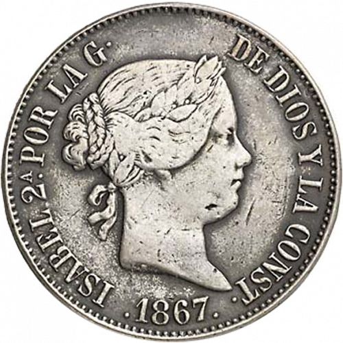 50 Céntimos Peso Obverse Image minted in SPAIN in 1867 (1833-68  -  ISABEL II - Philippines)  - The Coin Database