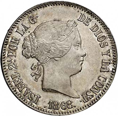 50 Céntimos Peso Obverse Image minted in SPAIN in 1868 (1833-68  -  ISABEL II - Philippines)  - The Coin Database