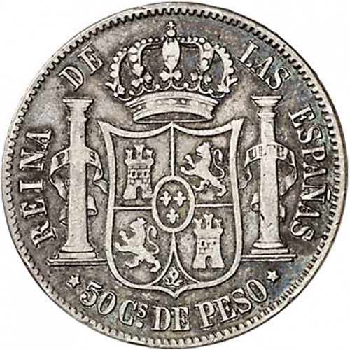 50 Céntimos Peso Reverse Image minted in SPAIN in 1865 (1833-68  -  ISABEL II - Philippines)  - The Coin Database
