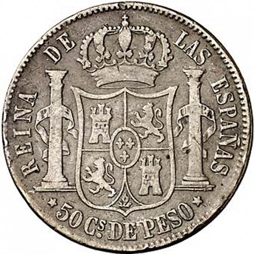 50 Céntimos Peso Reverse Image minted in SPAIN in 1866 (1833-68  -  ISABEL II - Philippines)  - The Coin Database