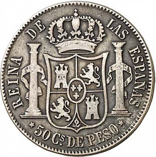 50 Céntimos Peso Reverse Image minted in SPAIN in 1867 (1833-68  -  ISABEL II - Philippines)  - The Coin Database