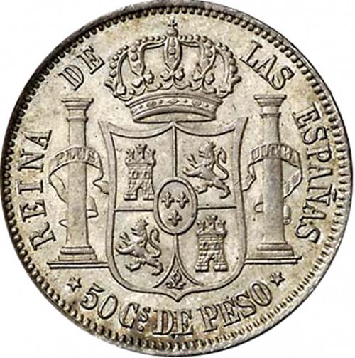 50 Céntimos Peso Reverse Image minted in SPAIN in 1868 (1833-68  -  ISABEL II - Philippines)  - The Coin Database