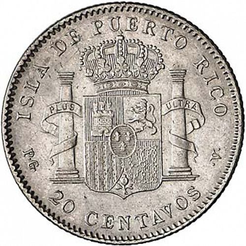 20 Centavos Peso Reverse Image minted in SPAIN in 1895 (1886-31  -  ALFONSO XIII - Puerto Rico)  - The Coin Database