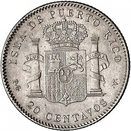 20 Centavos Peso Reverse Image minted in SPAIN in 1895 (1886-31  -  ALFONSO XIII - Puerto Rico)  - The Coin Database