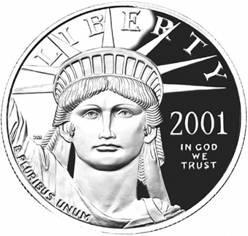 Bullion Obverse Image minted in UNITED STATES in 2001W (American Eagle -  Platinum 100 $ ( Bald Eagle flying over  Saguro ))  - The Coin Database