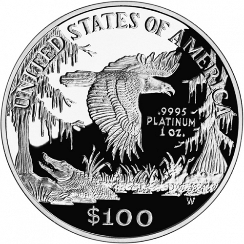 Bullion Reverse Image minted in UNITED STATES in 1999W (American Eagle -  Platinum 100 $ ( Bald Eagle flying above Southeastern Wet)  - The Coin Database