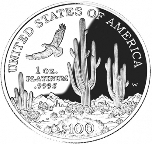 Bullion Reverse Image minted in UNITED STATES in 2001W (American Eagle -  Platinum 100 $ ( Bald Eagle flying over  Saguro ))  - The Coin Database