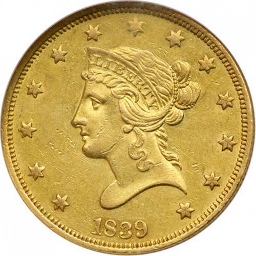 10 dollar Obverse Image minted in UNITED STATES in 1839 (Coronet Head - Old-style head, no motto)  - The Coin Database