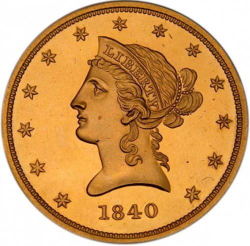 10 dollar Obverse Image minted in UNITED STATES in 1840 (Coronet Head - New-style head, no motto)  - The Coin Database