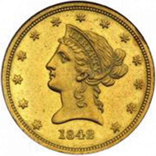 10 dollar Obverse Image minted in UNITED STATES in 1842 (Coronet Head - New-style head, no motto)  - The Coin Database