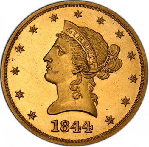 10 dollar Obverse Image minted in UNITED STATES in 1844 (Coronet Head - New-style head, no motto)  - The Coin Database