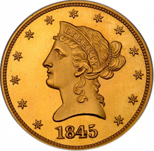 10 dollar Obverse Image minted in UNITED STATES in 1845 (Coronet Head - New-style head, no motto)  - The Coin Database